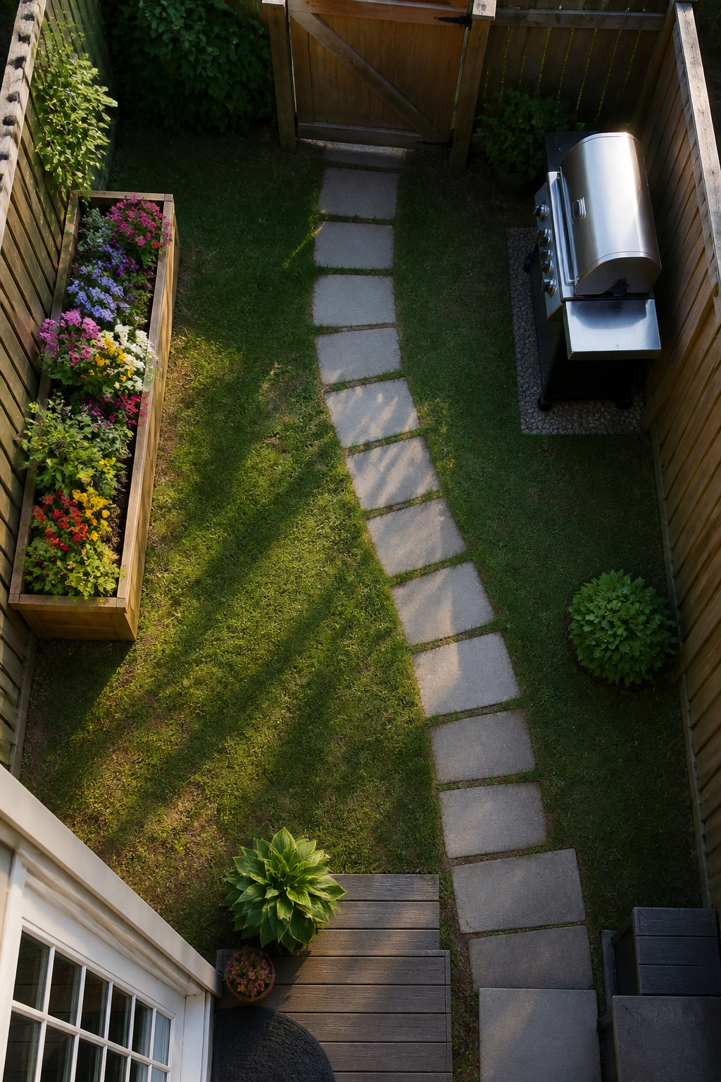 12 Small Backyard Ideas to Stretch Every Square Foot in 2026 3 Garden hose outlines a path in a small backyard layout.