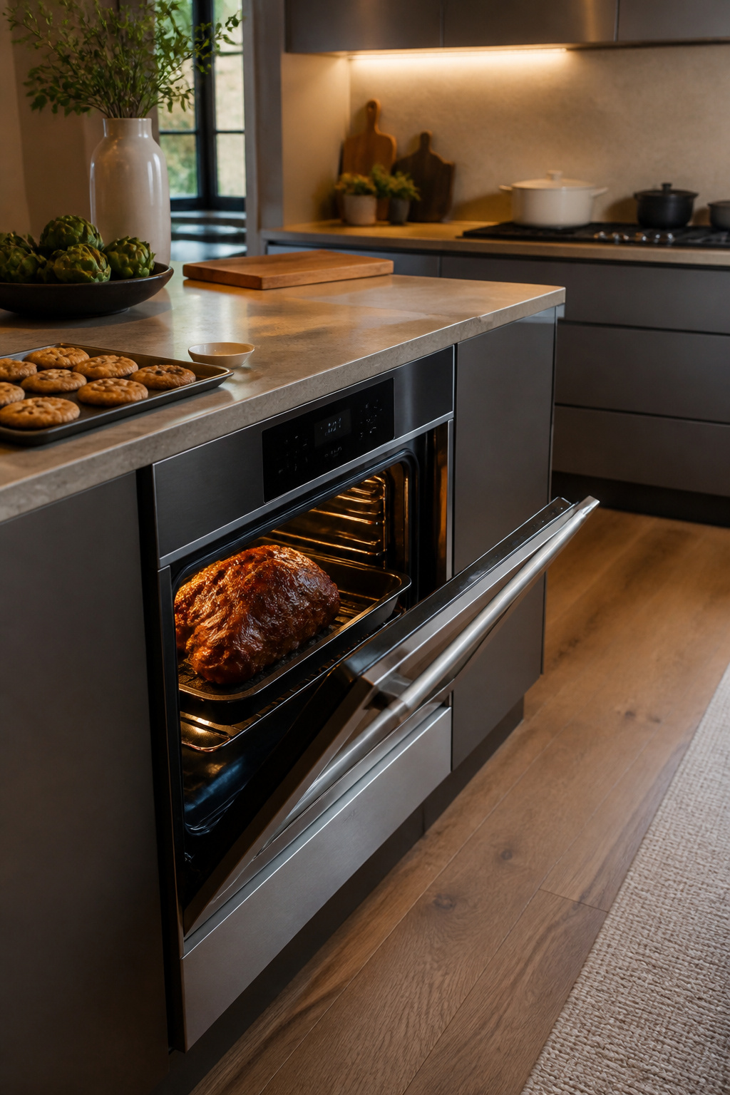 15 Smart Kitchen Design Ideas That Add Real Function for 2026 3 A modern smart oven with a pork shoulder and cookies inside.