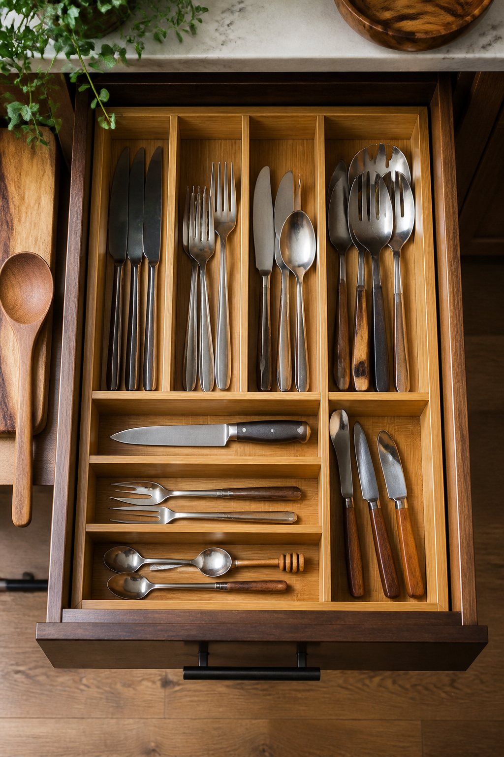 15 Kitchen Cabinet Drawer Ideas for 2026 4 Wooden cutlery drawer with custom dividers for utensils.