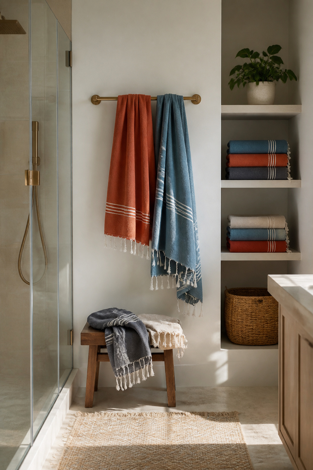 Decorative towels displayed on a towel rack and shelf.