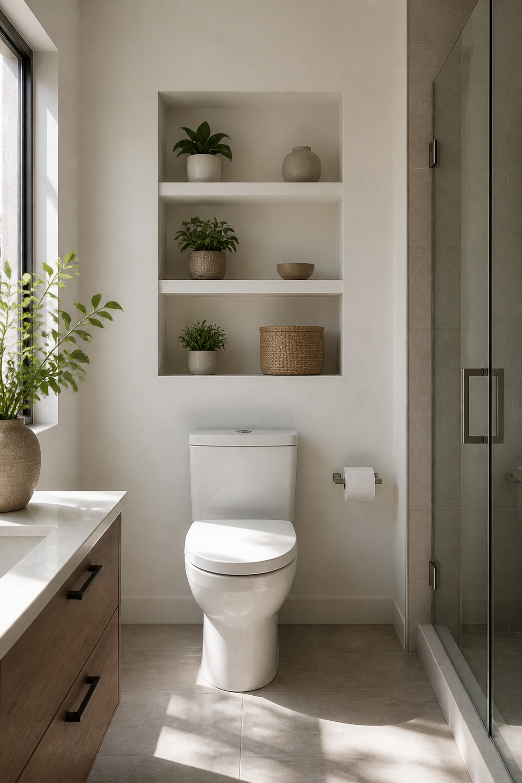 Custom recessed shelves above a toilet with decorative items.