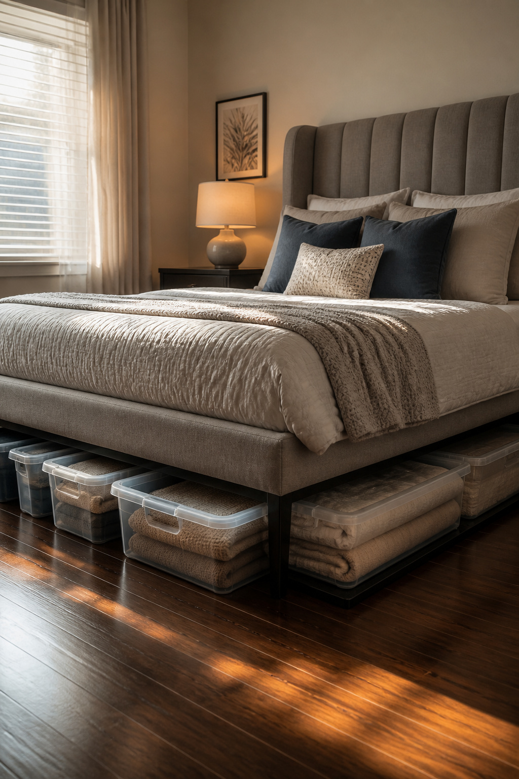 Transparent under-bed storage bins holding neatly folded items.