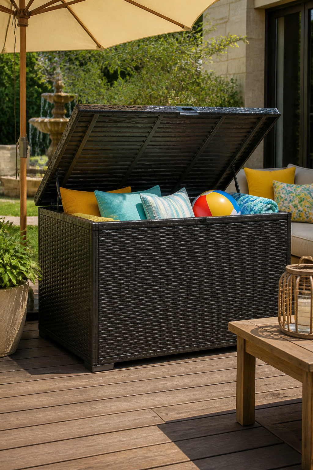 Cushion Storage Ideas: Sheds, Benches, Deck Boxes and More (2026) 4 Large resin deck box with a lockable lid and hydraulic hinges.