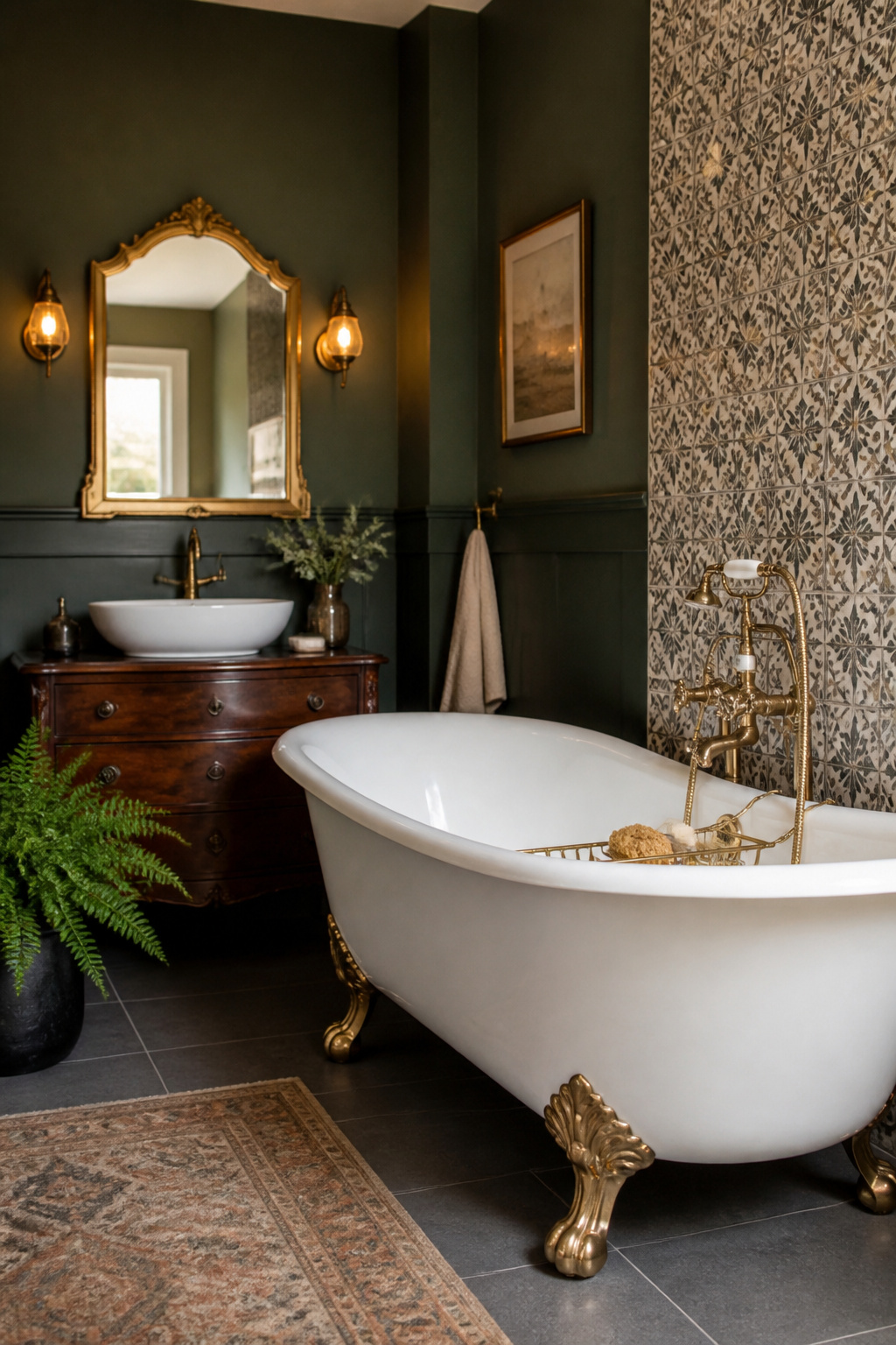 A bathroom with a clawfoot tub and vintage fixtures in polished nickel.