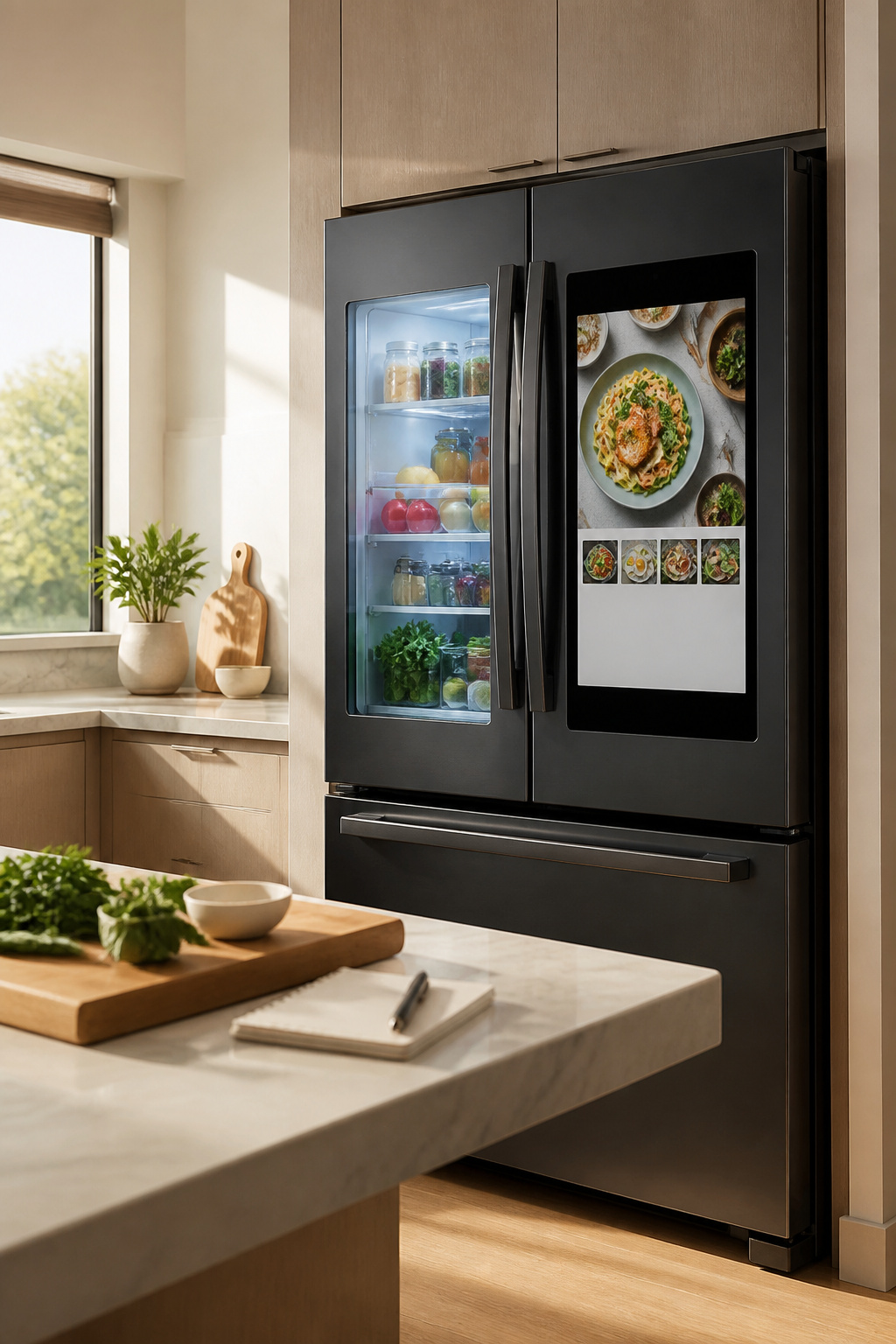 15 Smart Kitchen Design Ideas That Add Real Function for 2026 4 A smart refrigerator with a touchscreen and food items visible.