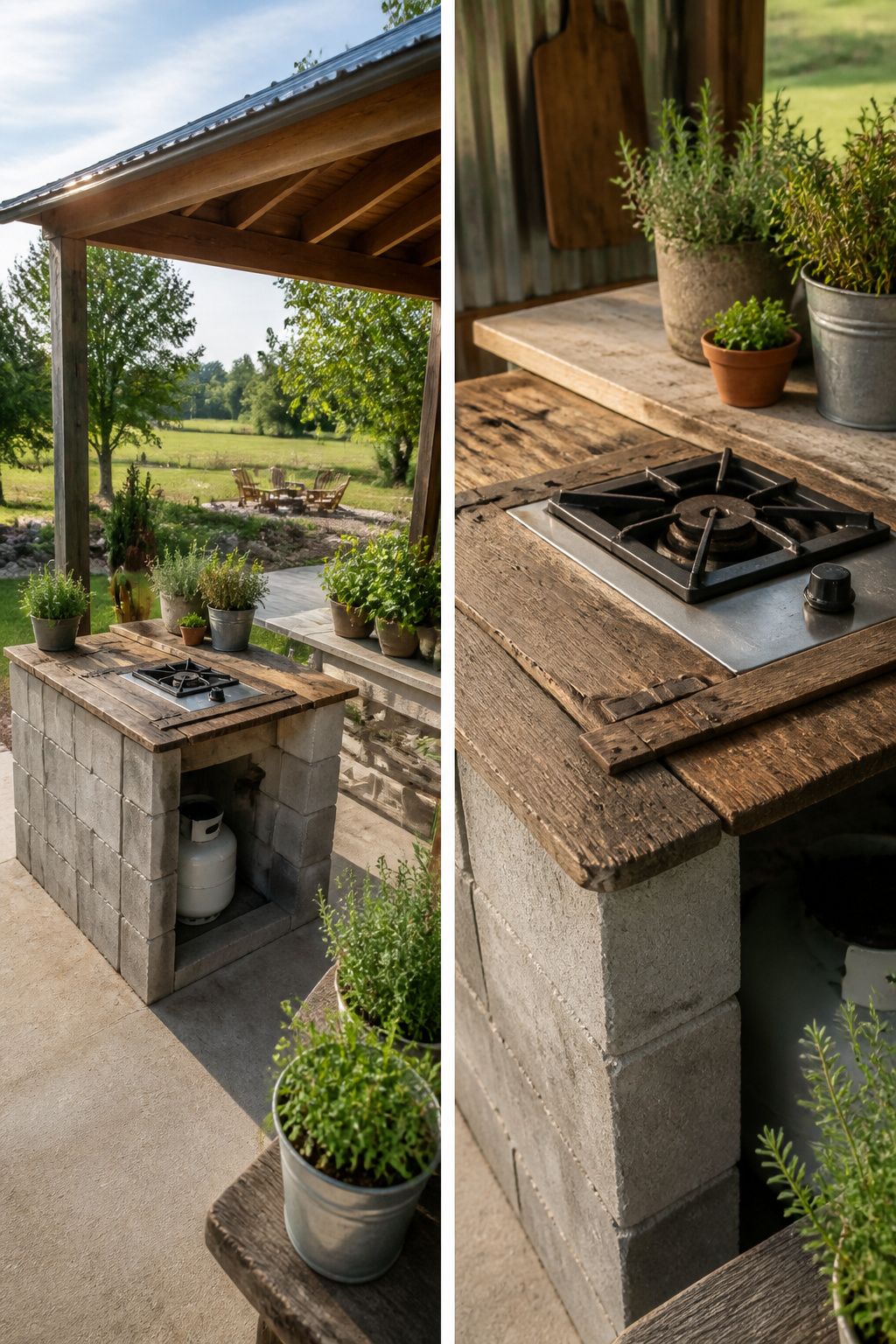 10 Farmhouse Outdoor Ideas for Backyards and Patios in 2026 4 Concrete block outdoor kitchen with a propane burner and counter.