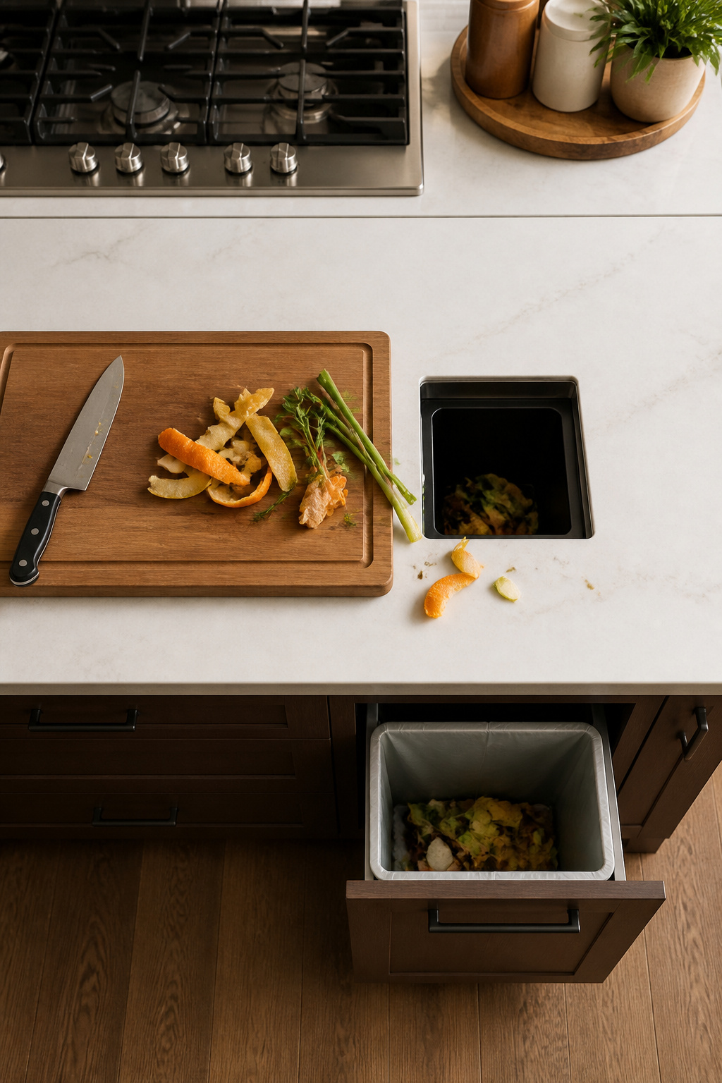 20 Convenient Kitchen Ideas for a Smarter 2026 Remodel 4 Counter with a compost opening leading to a concealed pull-out bin.