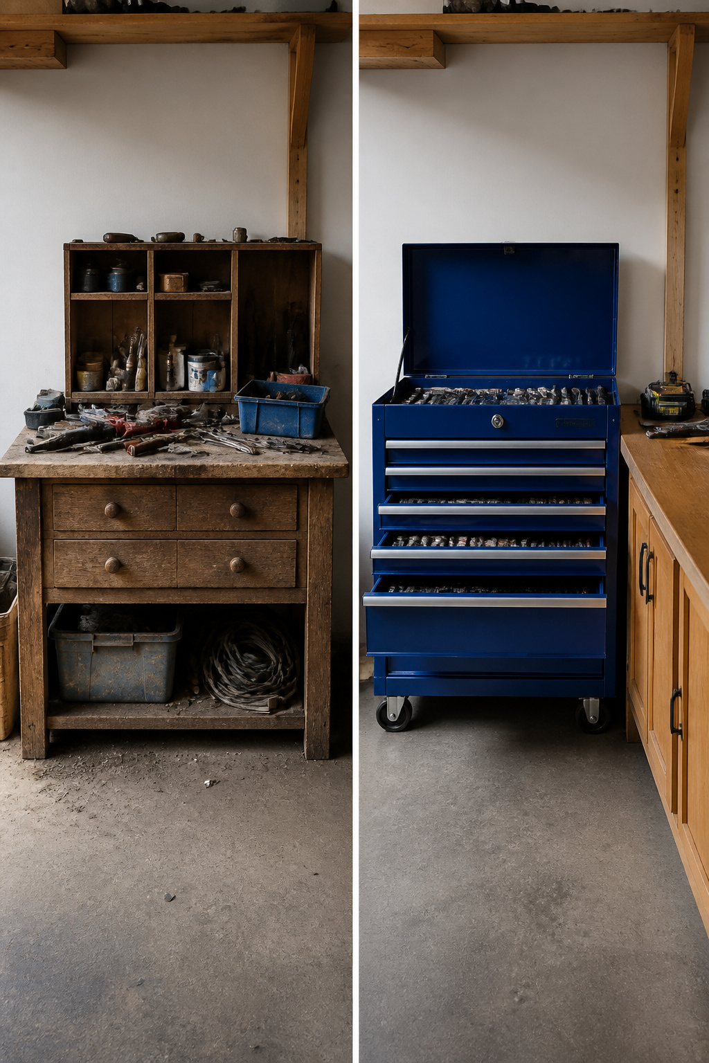An all-metal tool chest with multiple drawers and a hinged top compartment.