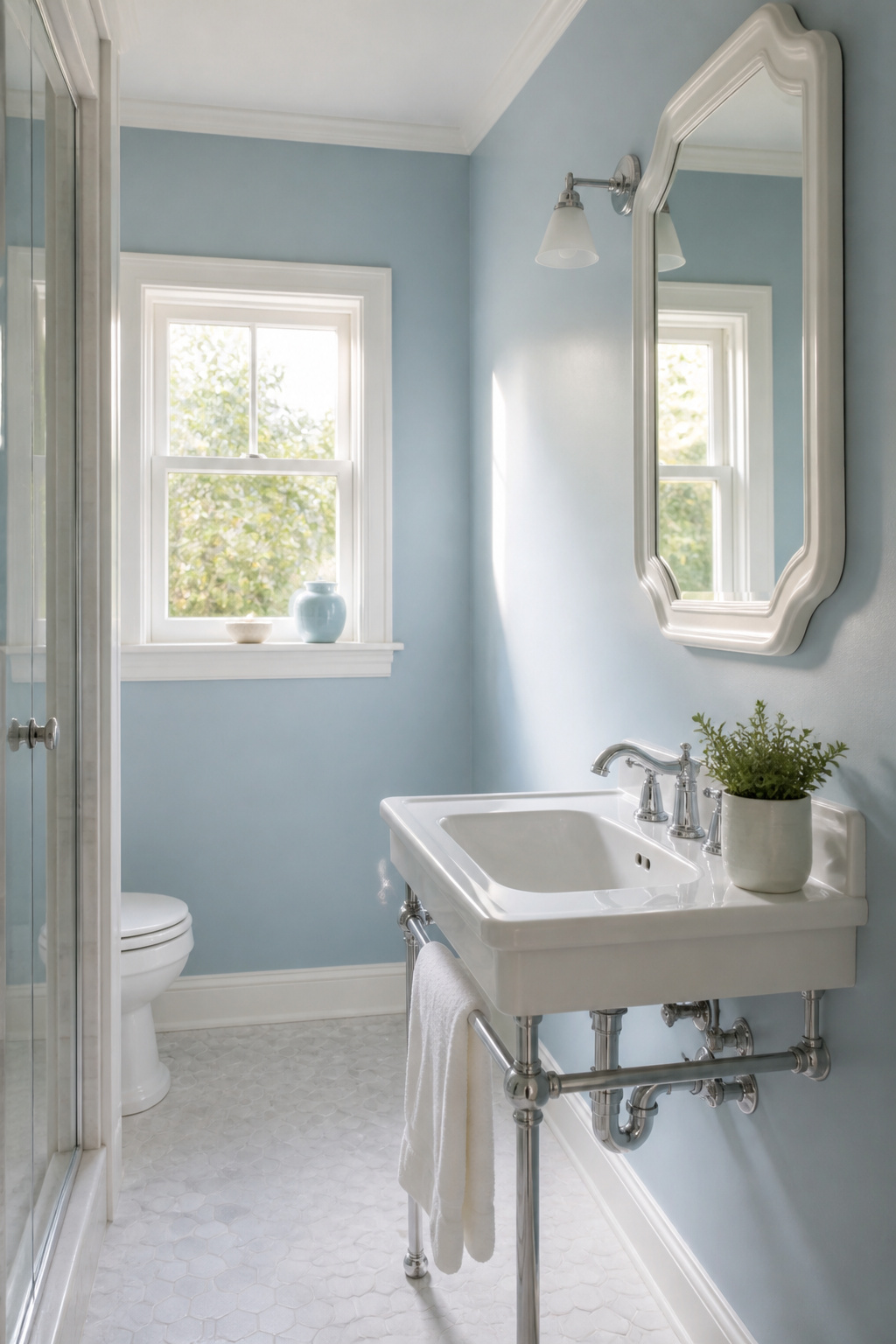 9 Paint Ideas for Small Bathrooms to Make the Room Feel Bigger (2026) 4 A tranquil small bathroom with light blue walls and white trim.