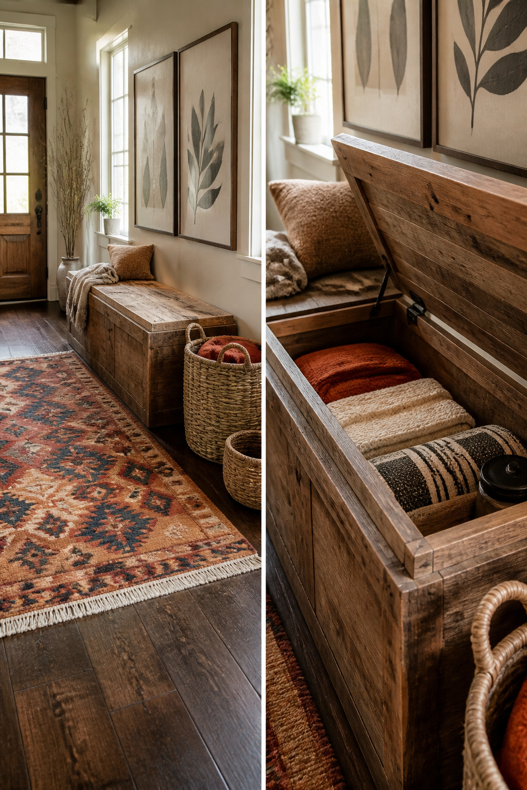 A storage bench with a lid, showcasing limited storage space inside.
