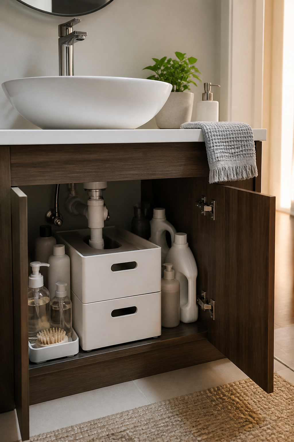 A compact under-sink organizer with pull-out drawers beneath a bathroom sink.