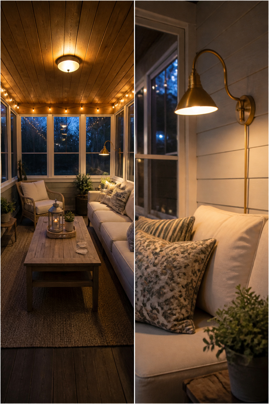 Dimmable flush-mount light and accent string lights in the porch.