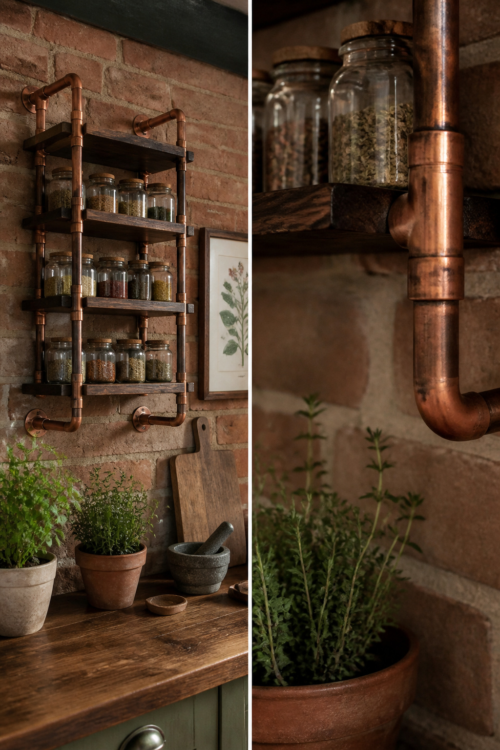 12 Kitchen Spice Rack Ideas to Organize Your Counter or Wall (2026) 4 A spice rack made of copper pipe and wooden shelves in a kitchen.
