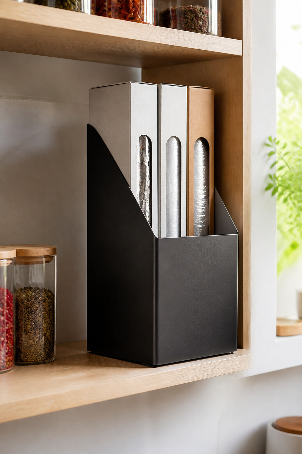 8 Glad Wrap Storage Ideas That Keep the Roll in Check (2026) 4 Magazine holder organizing wrap boxes in a pantry.