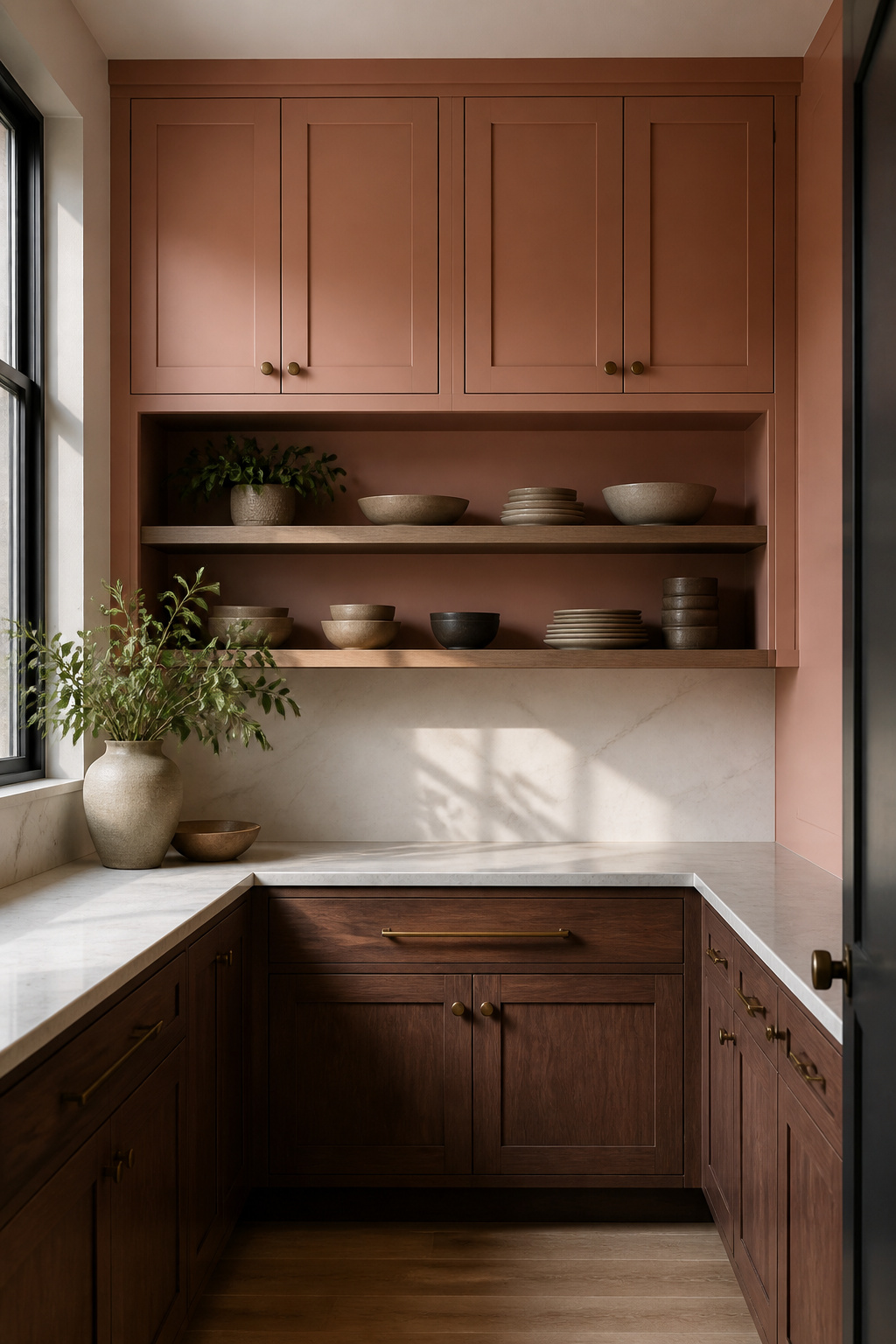 20 Upper Kitchen Cabinet Ideas: Color, Style & Storage for 2026 4 Upper cabinets painted muted pink with darker wood lower cabinets.