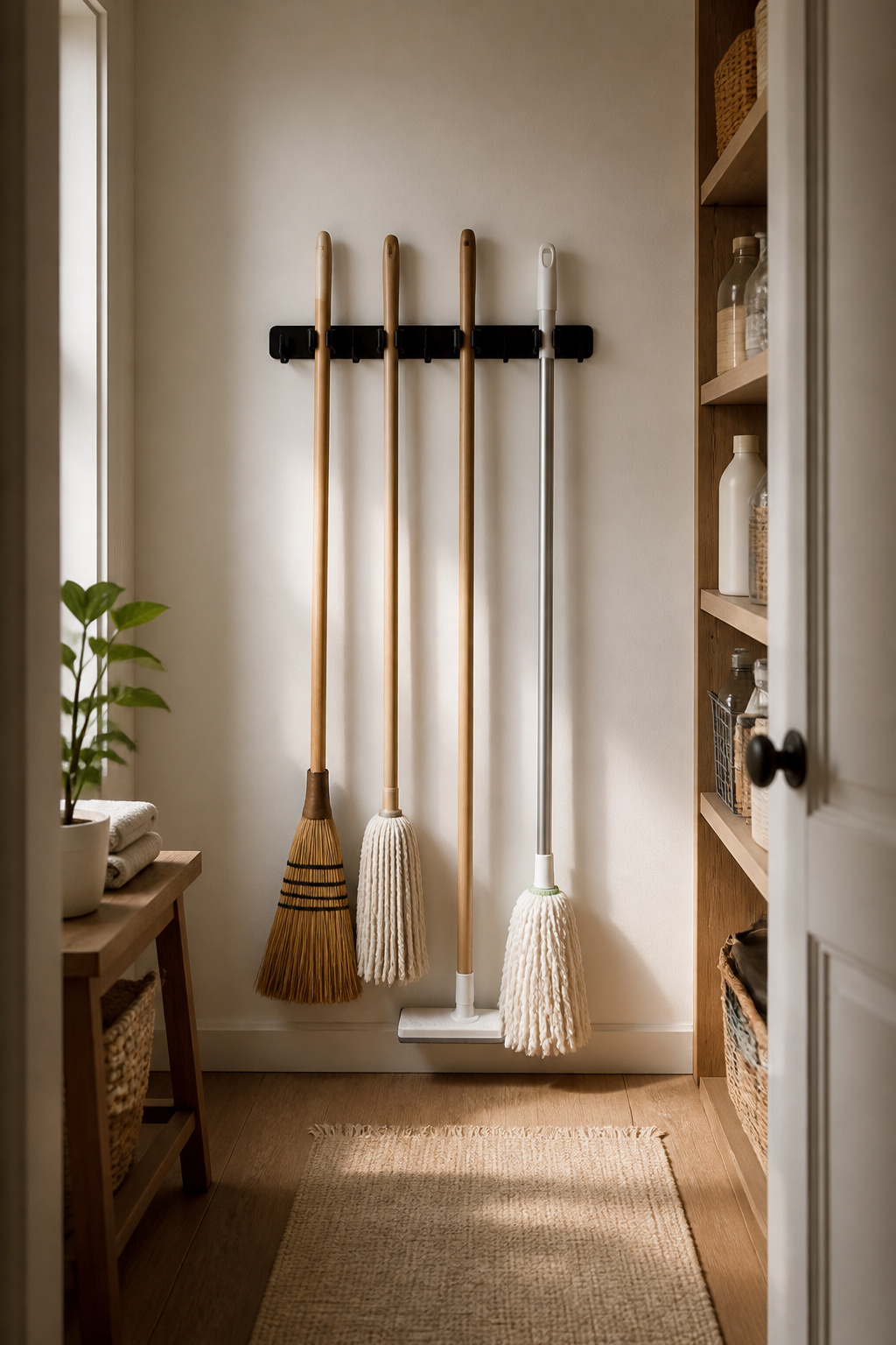 Wall-mounted hook rack holding brooms and mops against a white wall.