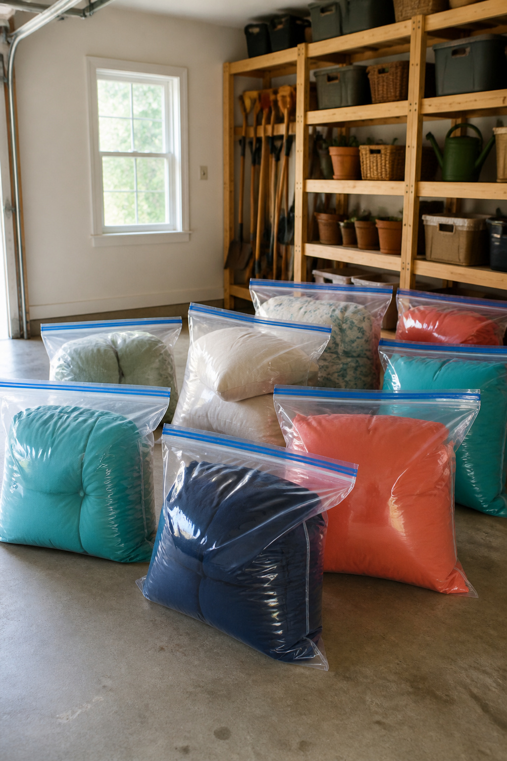 Cushion Storage Ideas: Sheds, Benches, Deck Boxes and More (2026) 5 Brightly colored Ziploc Big Bags containing patio cushions on a garage floor.