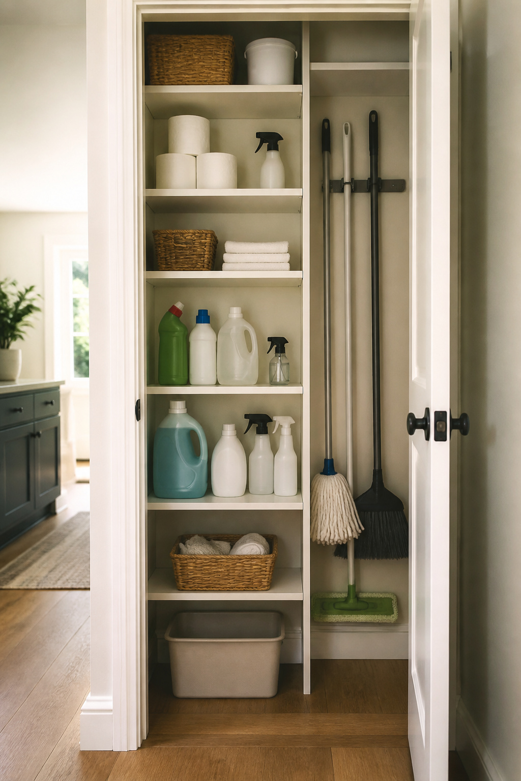 Broom closet with adjustable shelves for cleaning supplies.