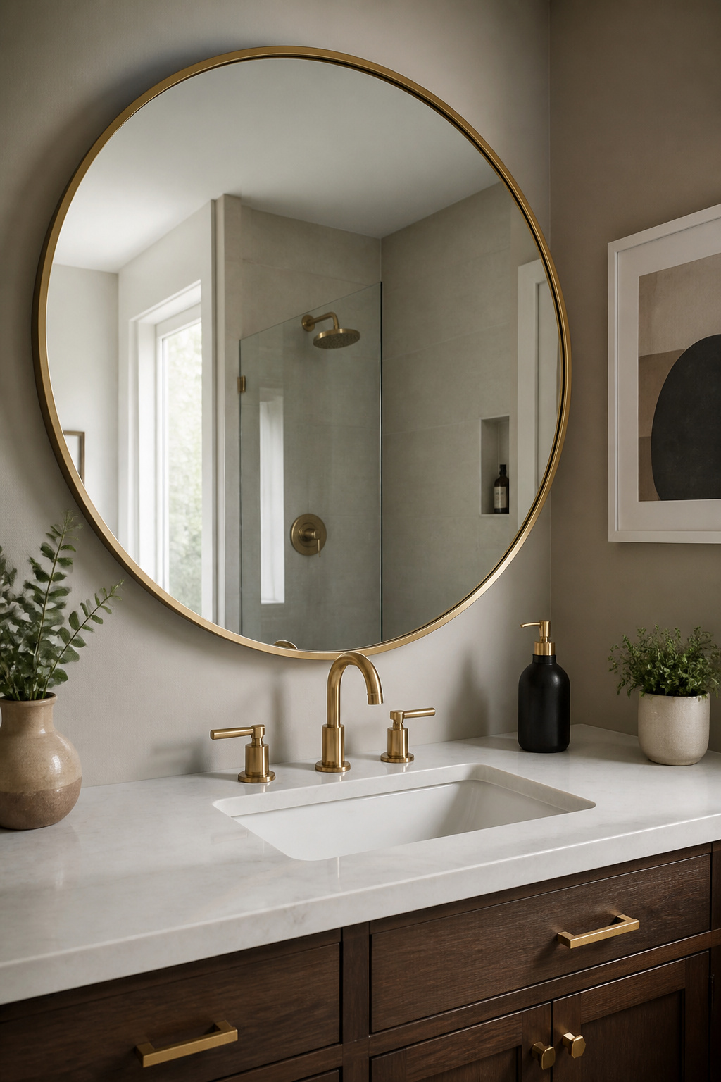 Large round mirror above a sink in a bathroom.
