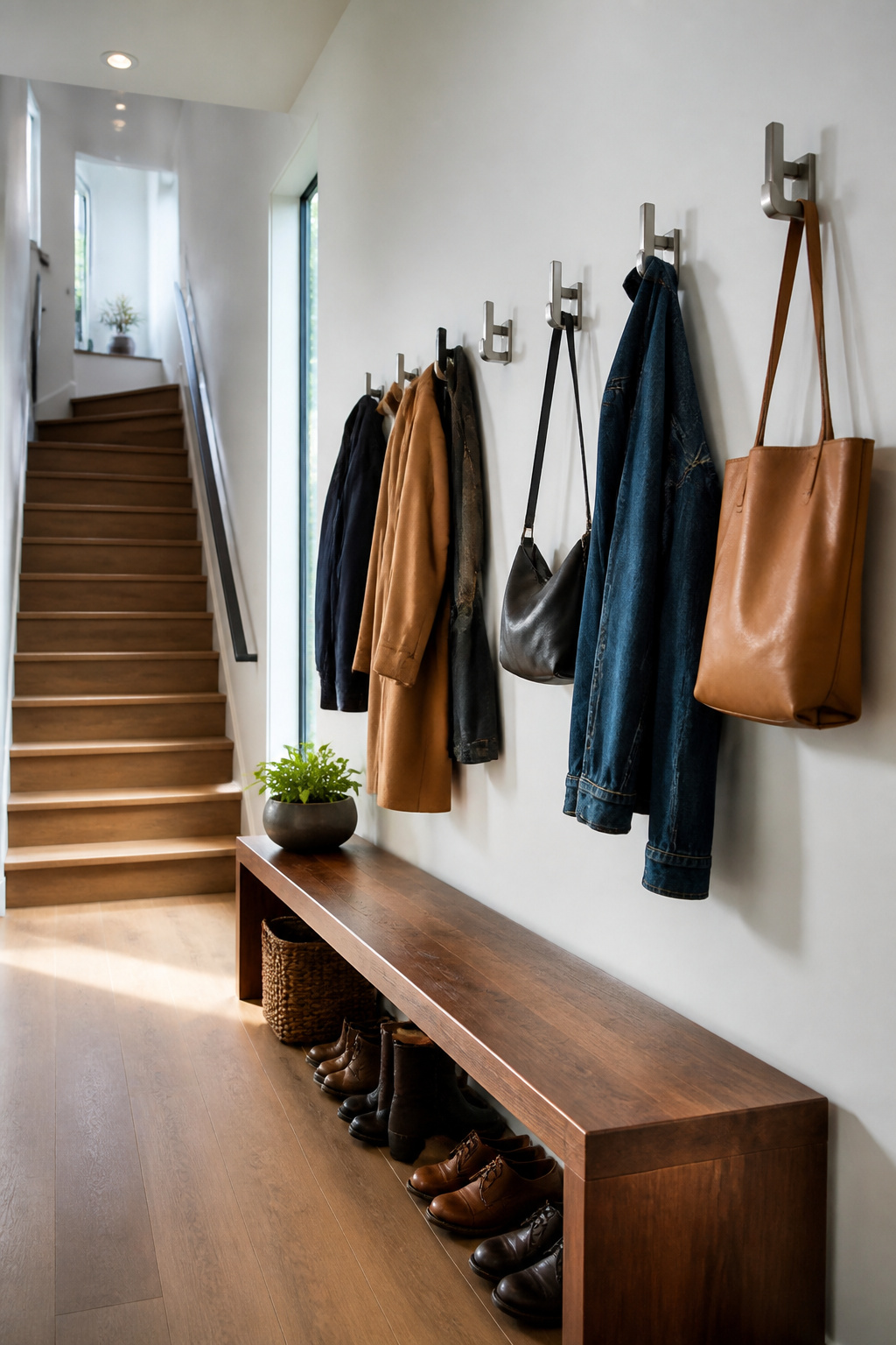 A row of brushed metal wall hooks holding coats and bags.