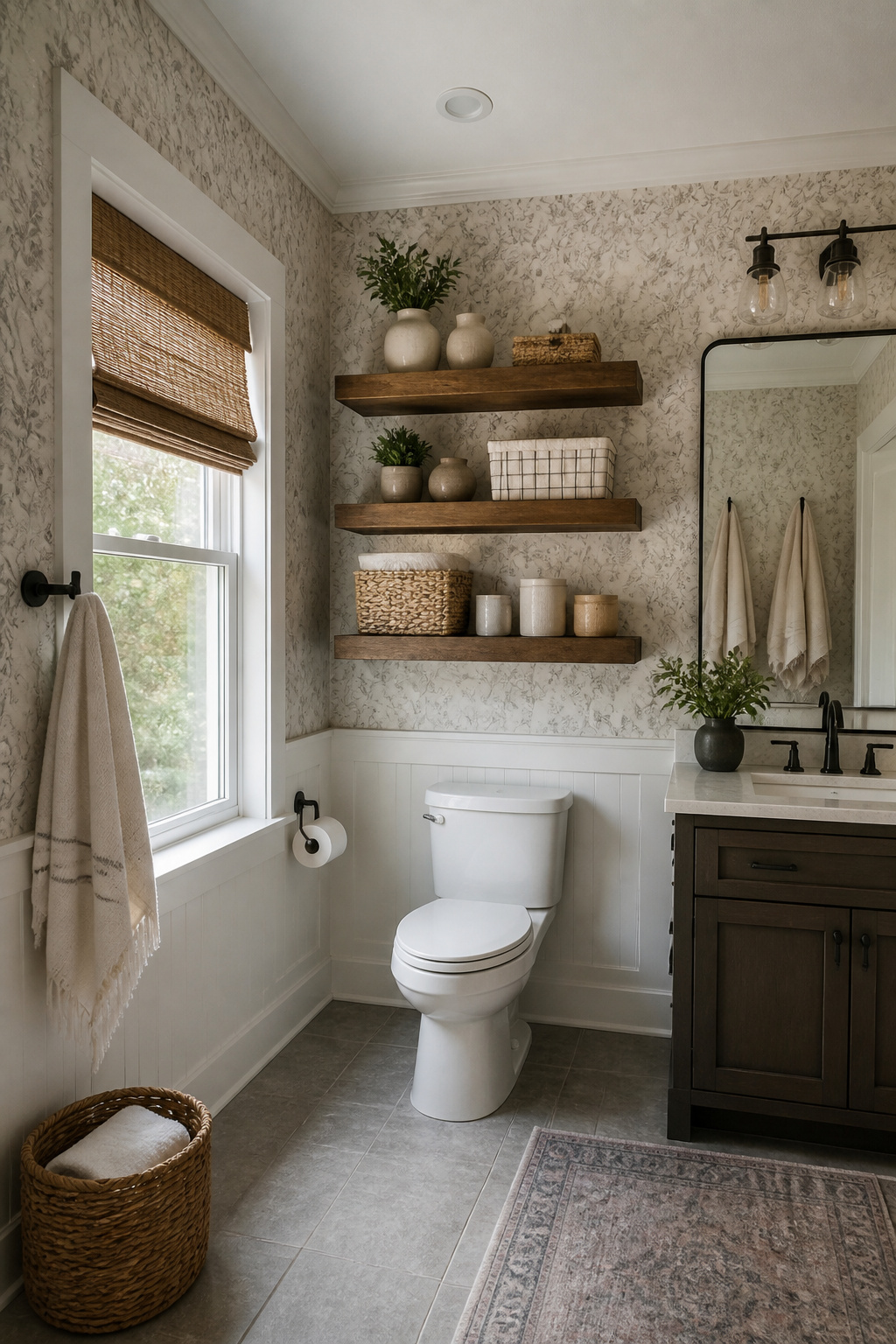 Floating shelves mounted on a bathroom wall with decorative items and toiletries.