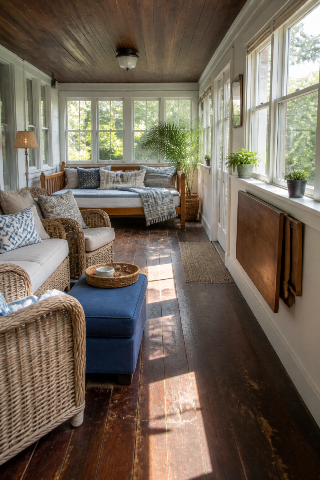 Stylish storage ottoman and drop-leaf table in a smartly designed porch.