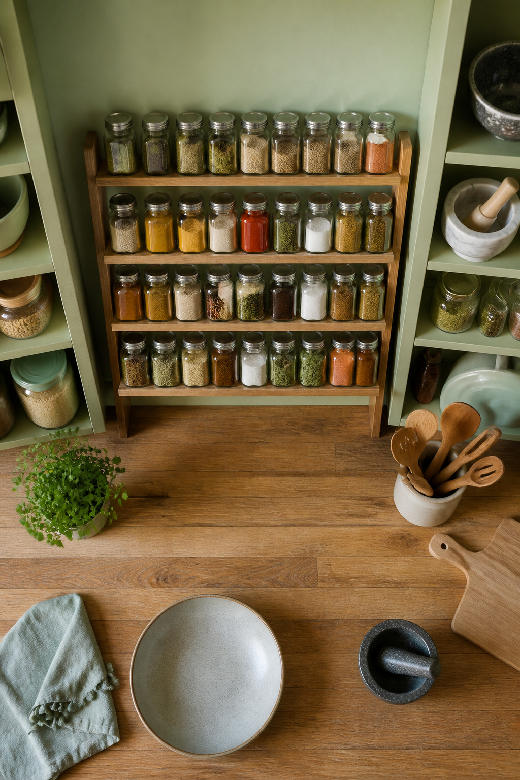 12 Kitchen Spice Rack Ideas to Organize Your Counter or Wall (2026) 5 A tiered spice rack displaying jars of spices in a kitchen cabinet.