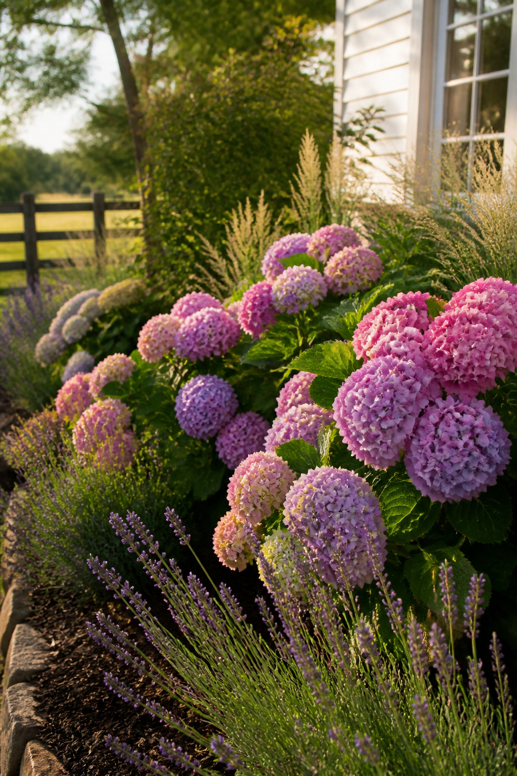 10 Farmhouse Outdoor Ideas for Backyards and Patios in 2026 5 Flower beds with hydrangeas, lavender, and ornamental grasses in a garden.