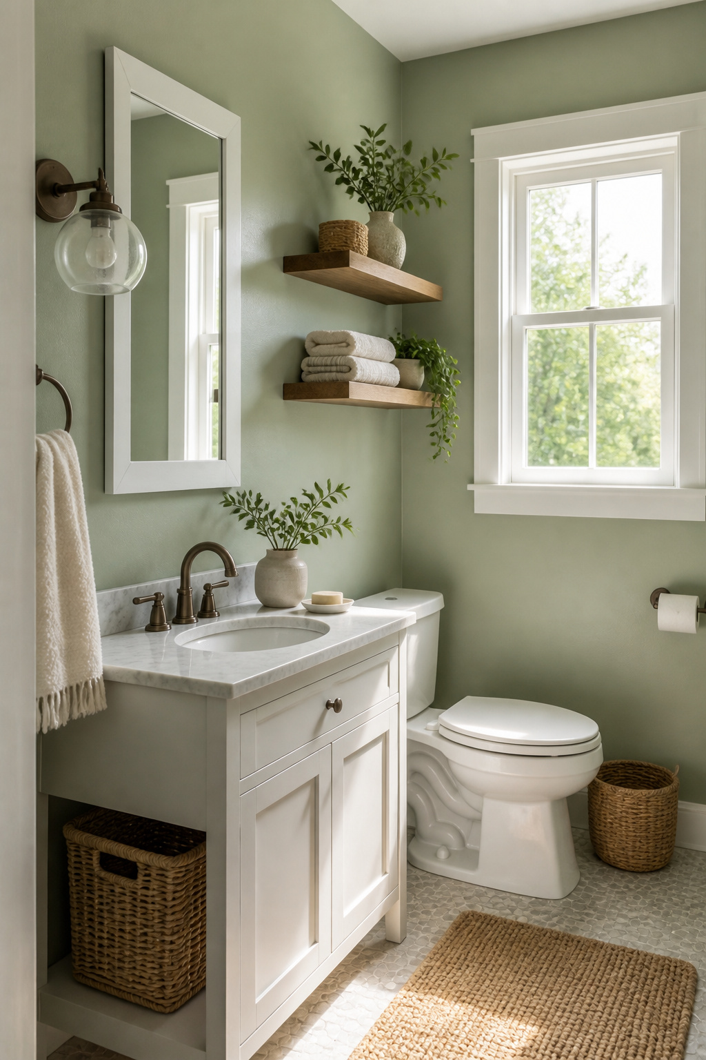 9 Paint Ideas for Small Bathrooms to Make the Room Feel Bigger (2026) 5 A small bathroom featuring sage green walls and white fixtures.
