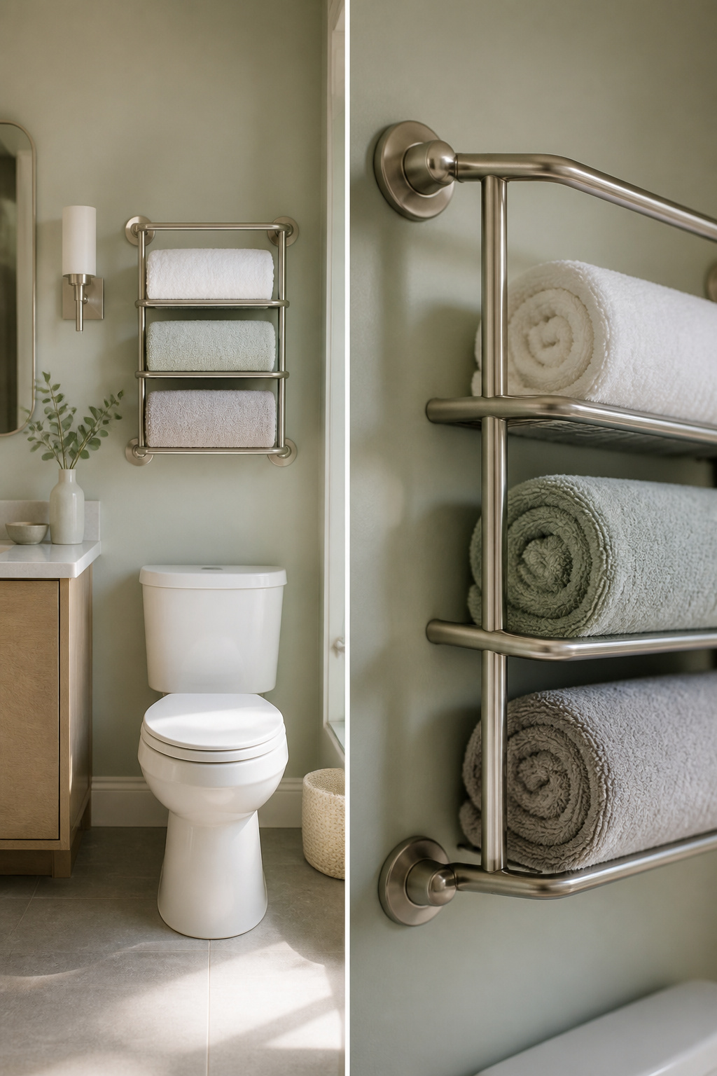Towel rack with rolled towels above a toilet.
