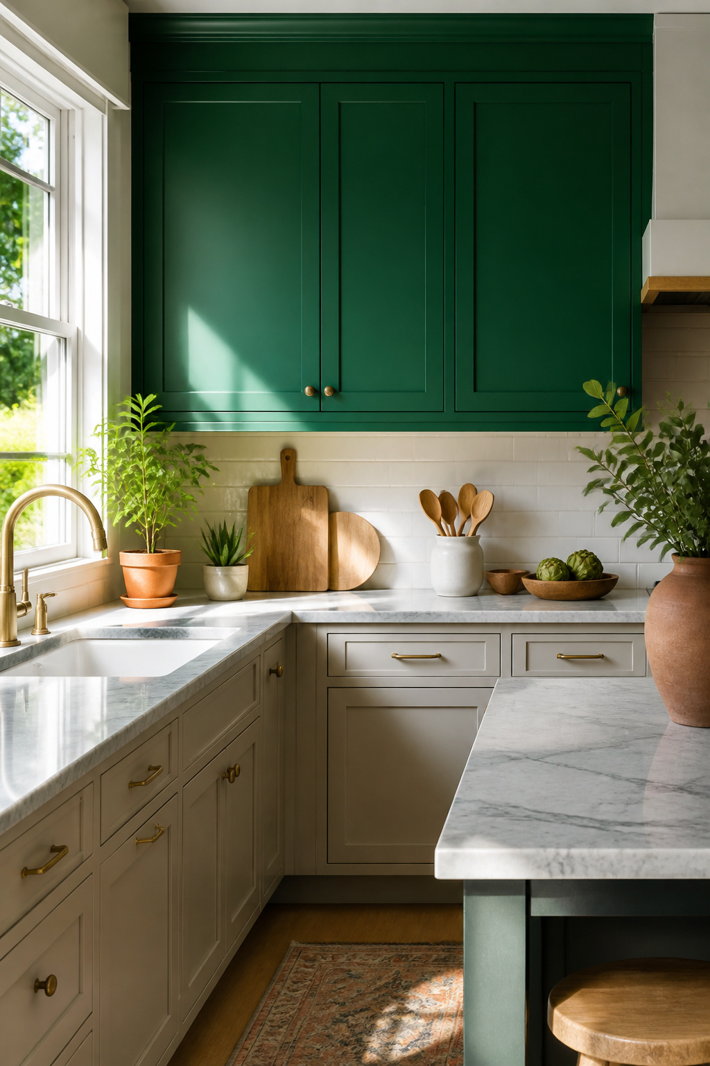 20 Upper Kitchen Cabinet Ideas: Color, Style & Storage for 2026 5 Saturated emerald green upper cabinets above neutral lower cabinetry.