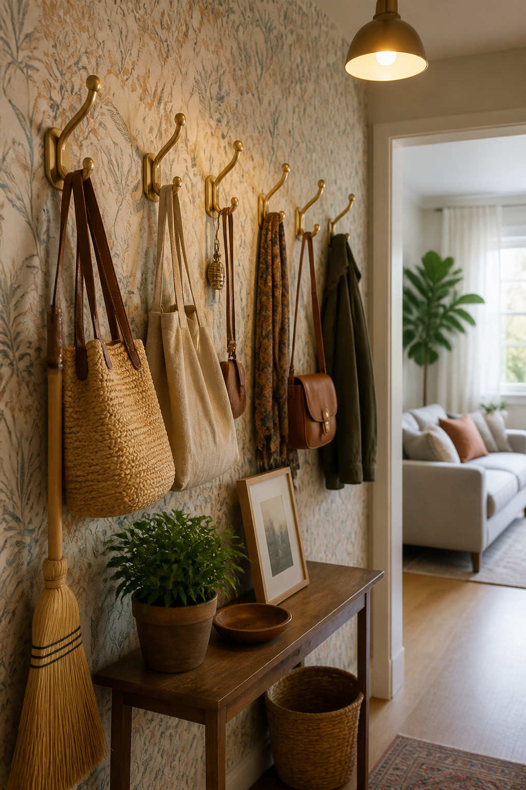 Wall hooks organized with coats, bags, and a dog leash.