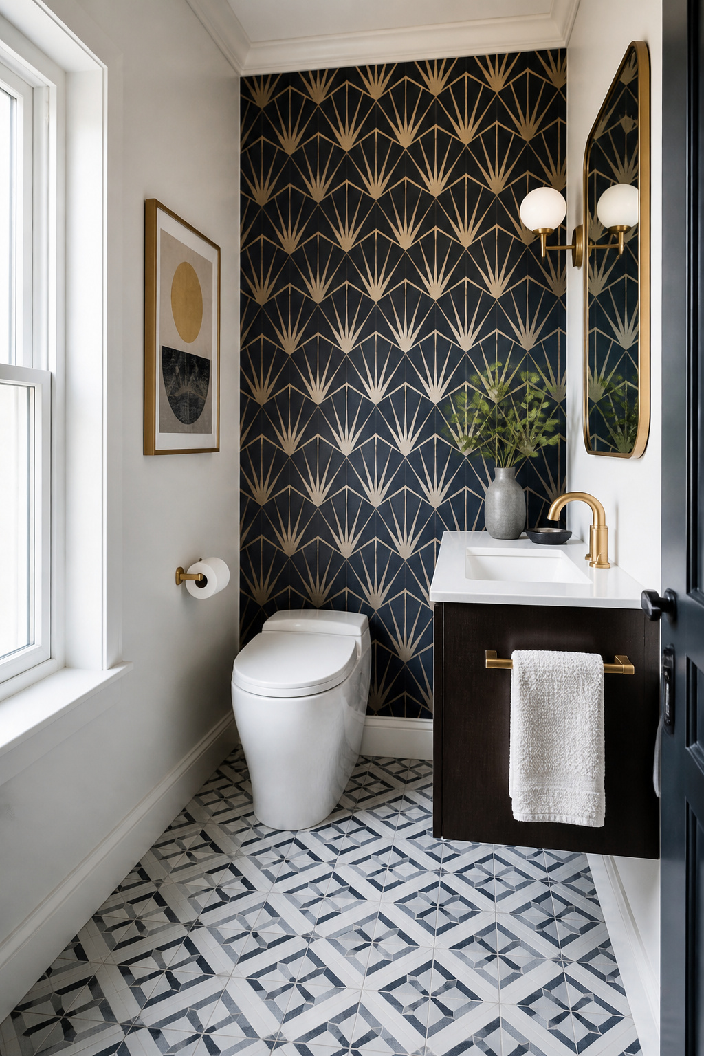 A bathroom featuring geometric wallpaper and diagonal patterned tile.