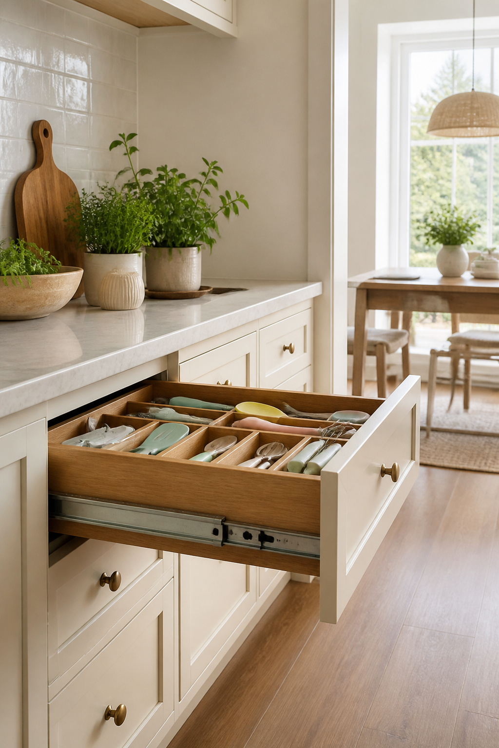 20 Convenient Kitchen Ideas for a Smarter 2026 Remodel 5 Drawer with gliding rails revealing organized kitchen gadgets in soft colors.