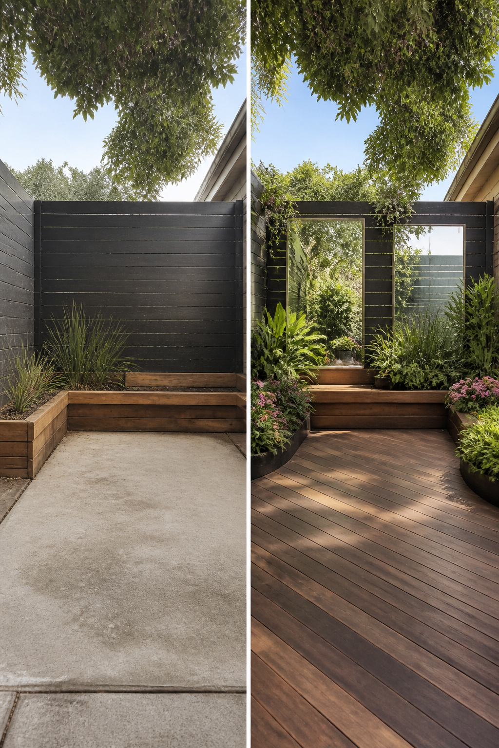 12 Small Backyard Ideas to Stretch Every Square Foot in 2026 5 Decking laid on a diagonal in a compact backyard.