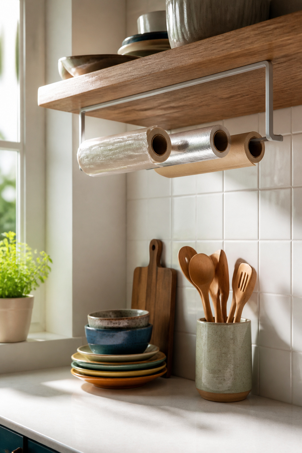 8 Glad Wrap Storage Ideas That Keep the Roll in Check (2026) 5 Under-shelf rack displaying multiple rolls of glad wrap.
