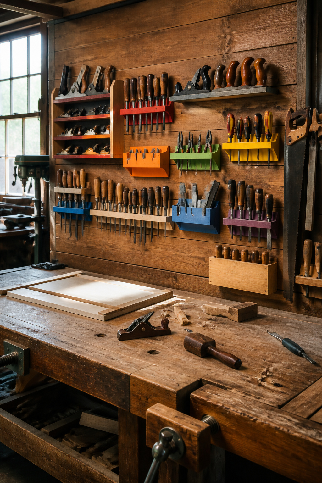 A wall-mounted French cleat system with colorful tool holders and a rustic background.