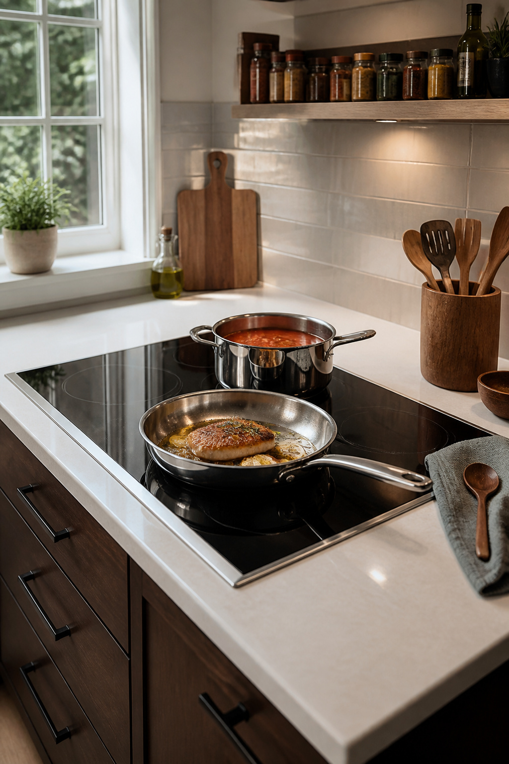 15 Smart Kitchen Design Ideas That Add Real Function for 2026 5 A polished electric cooktop with a bubbling pot and seared pan.