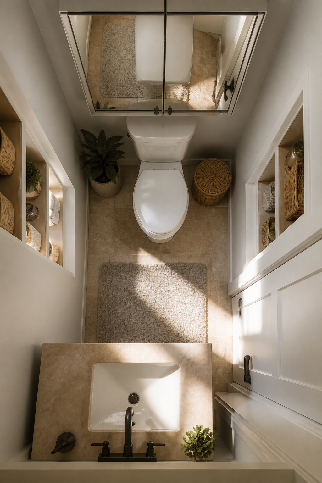 A small bathroom with an over-the-toilet cabinet for extra storage.