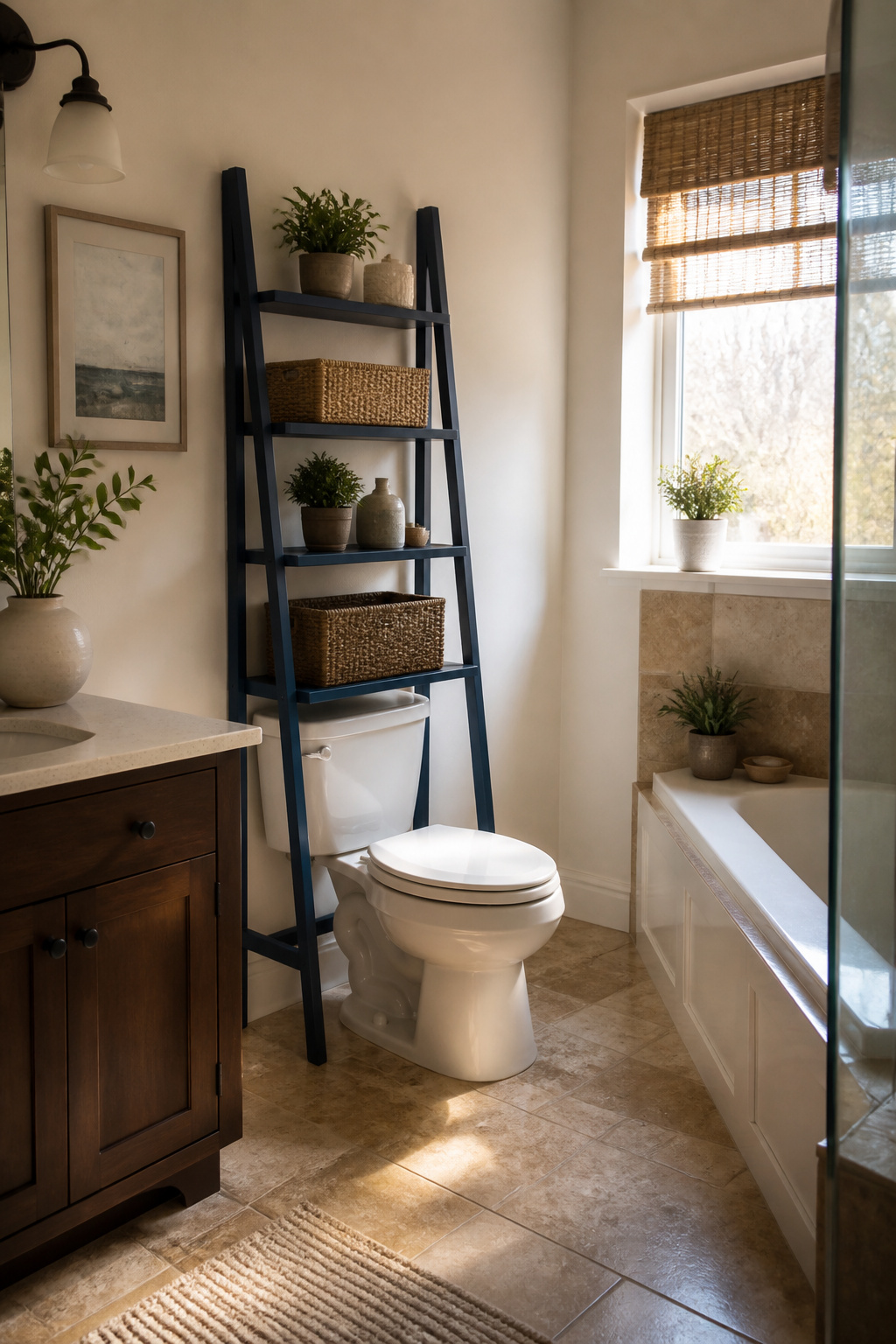 Leaning ladder shelf with decorative items and plants.