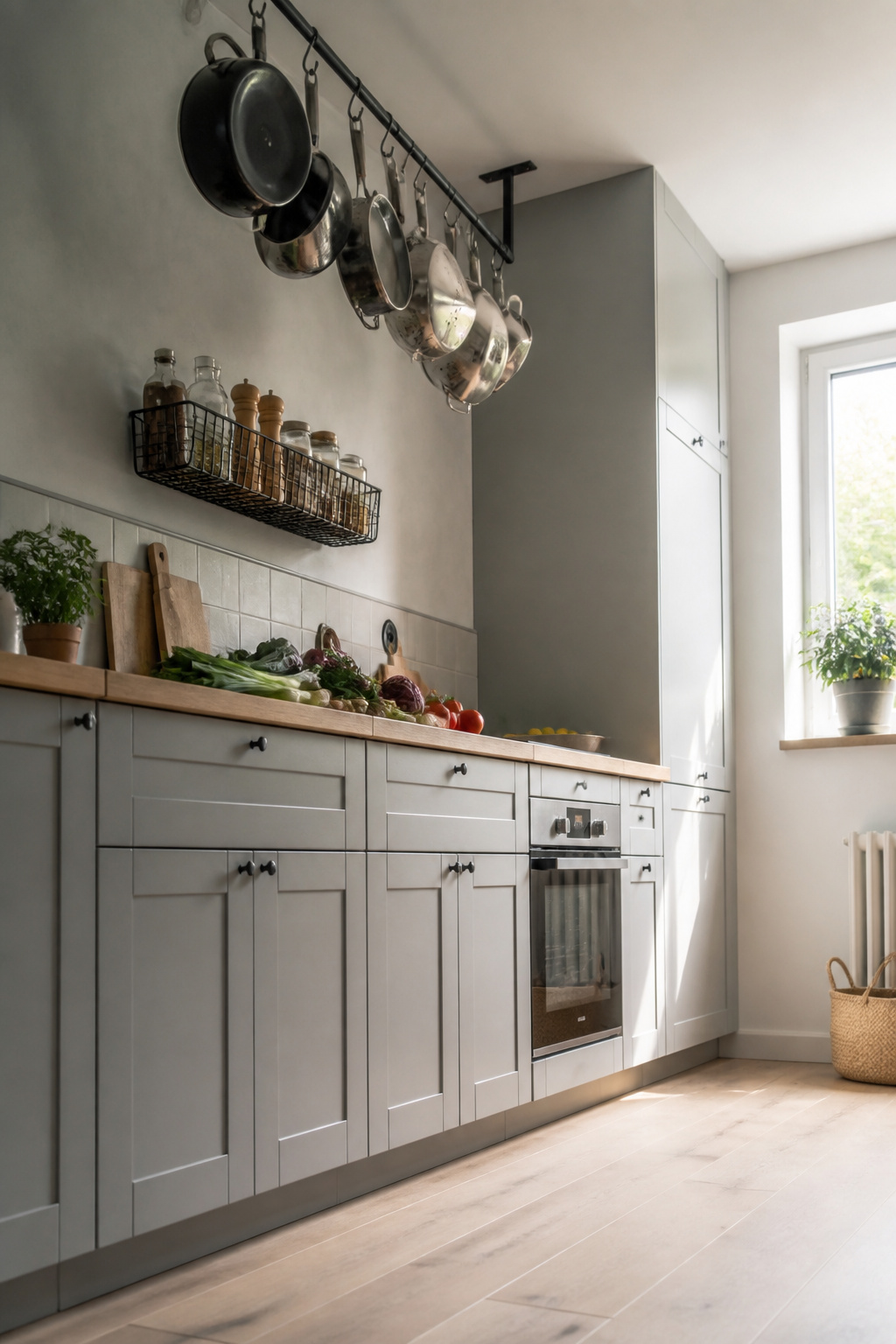 Wall-mounted racks and shelves used for kitchen storage.