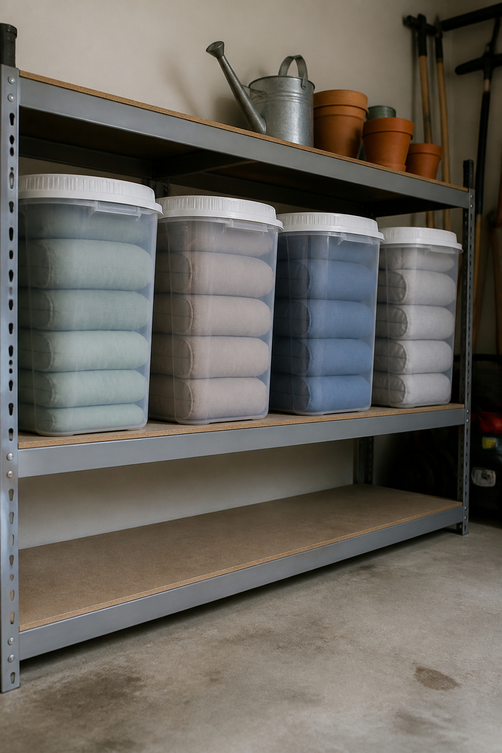 Cushion Storage Ideas: Sheds, Benches, Deck Boxes and More (2026) 6 Snap-lid and screw-top bins for cushion storage in a bright space.