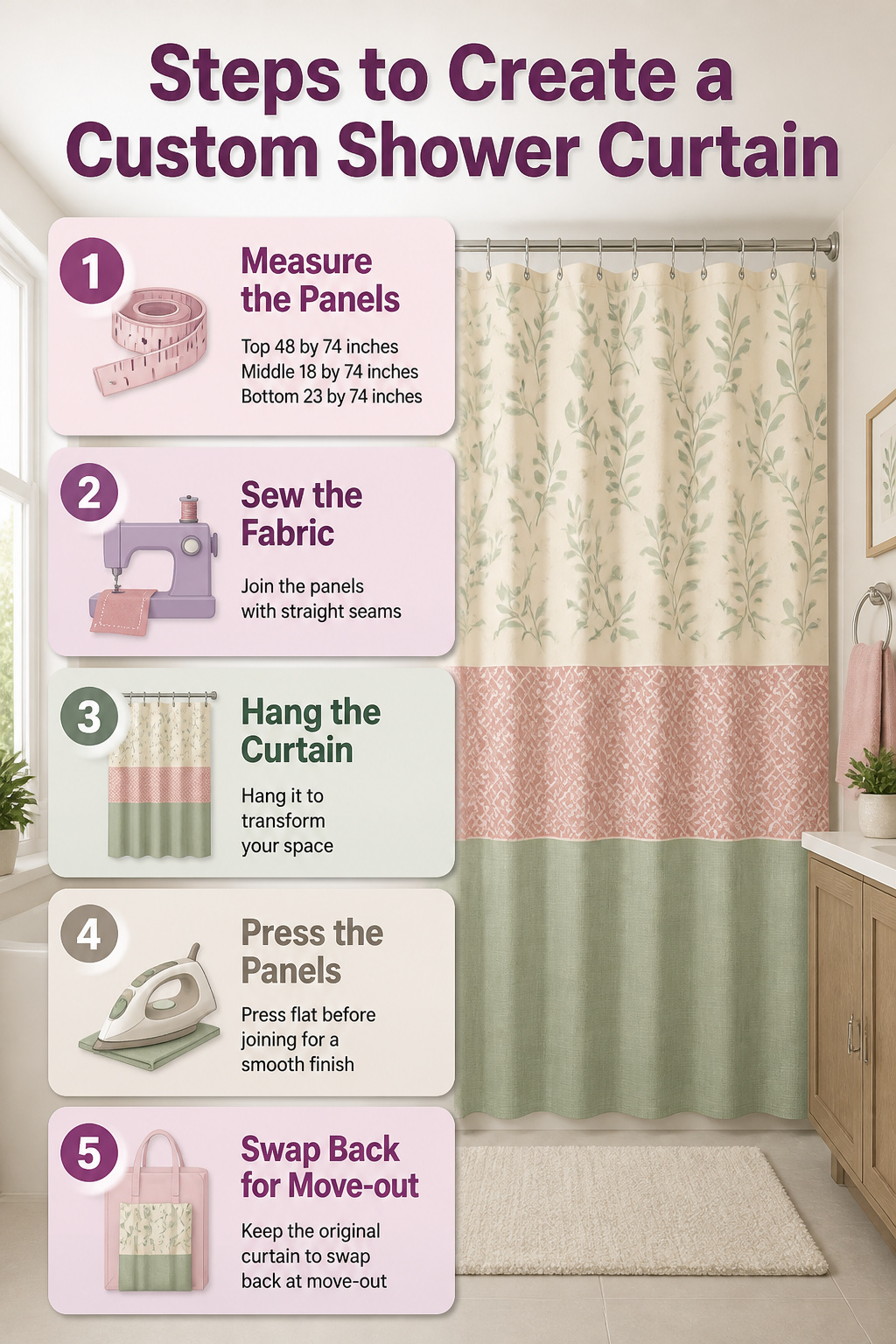 5 Martha Stewart Bathroom Ideas That Balance Clean Style With Personality 6 Custom shower curtain created with three fabric panels in a bathroom.