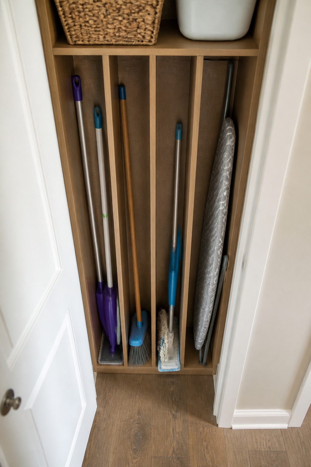 Slim cubby dividers for storing brooms and mops upright.