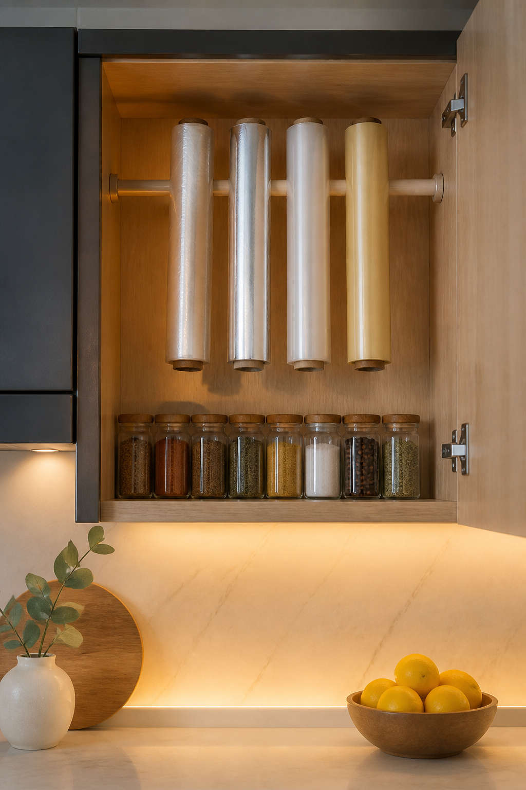 8 Glad Wrap Storage Ideas That Keep the Roll in Check (2026) 6 Tension rod securing several rolls of plastic wrap inside a cabinet.