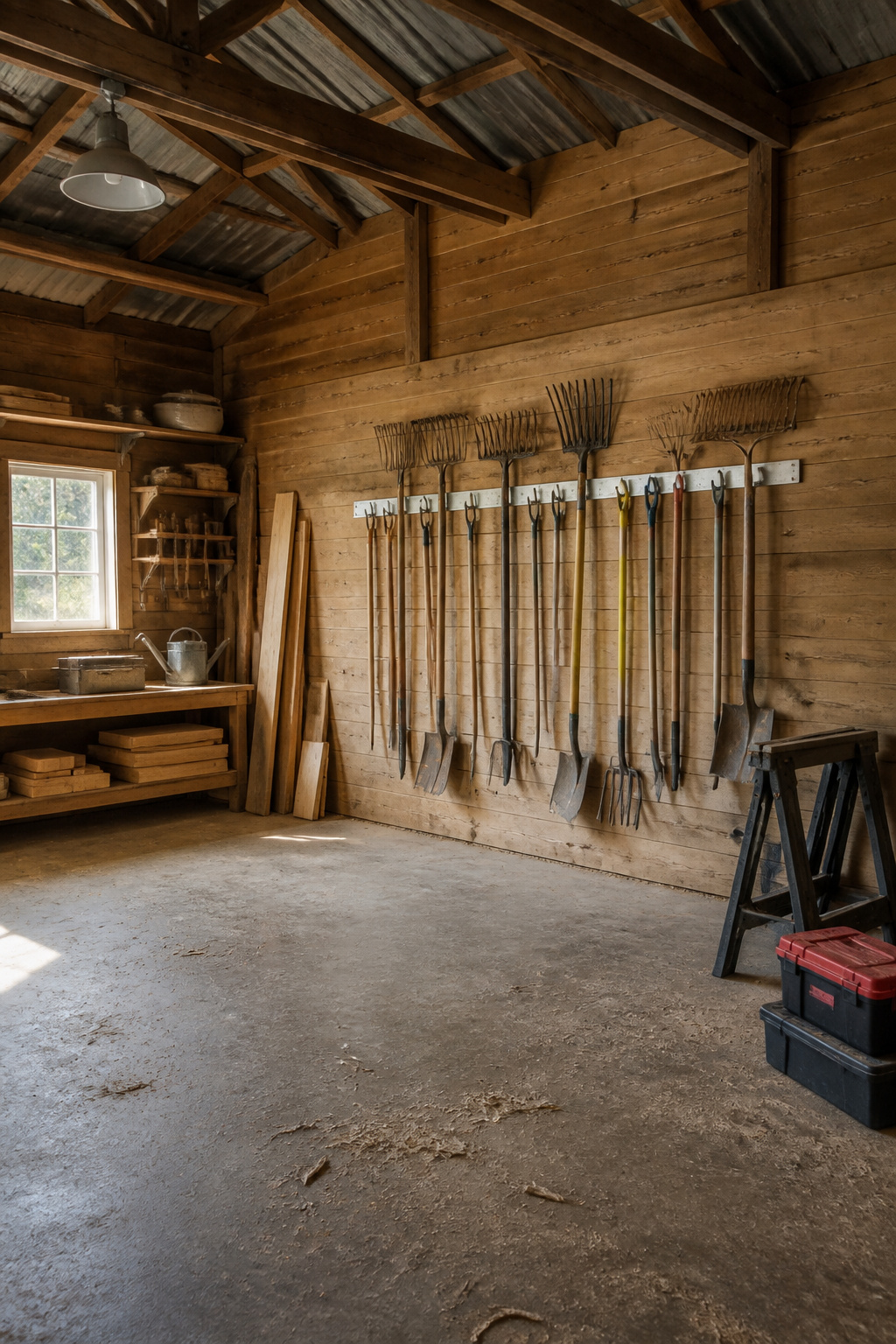 Horizontal wall-mounted rails with long-handled tools hanging from S-hooks.