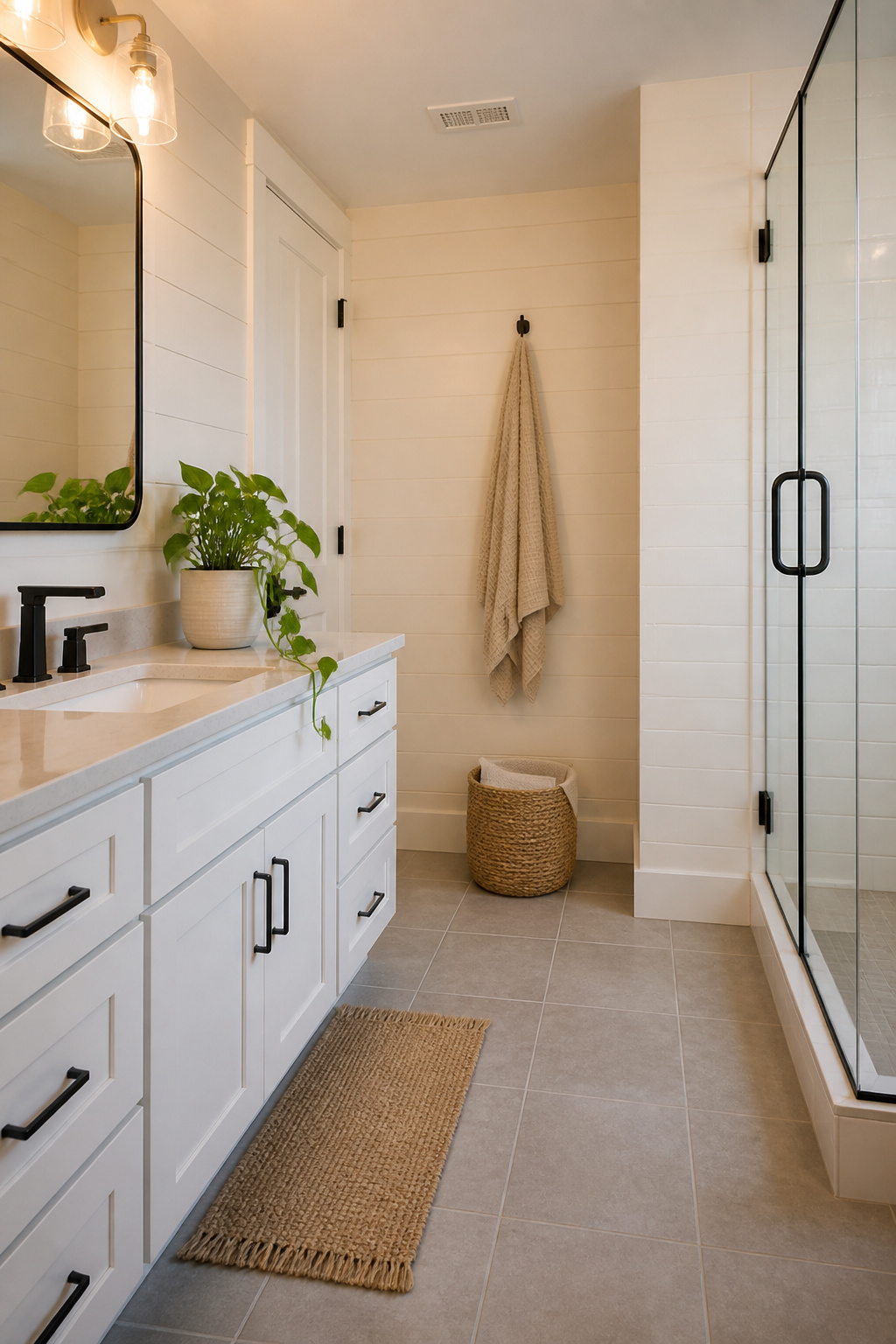 Pothos plant in a bathroom without a window.