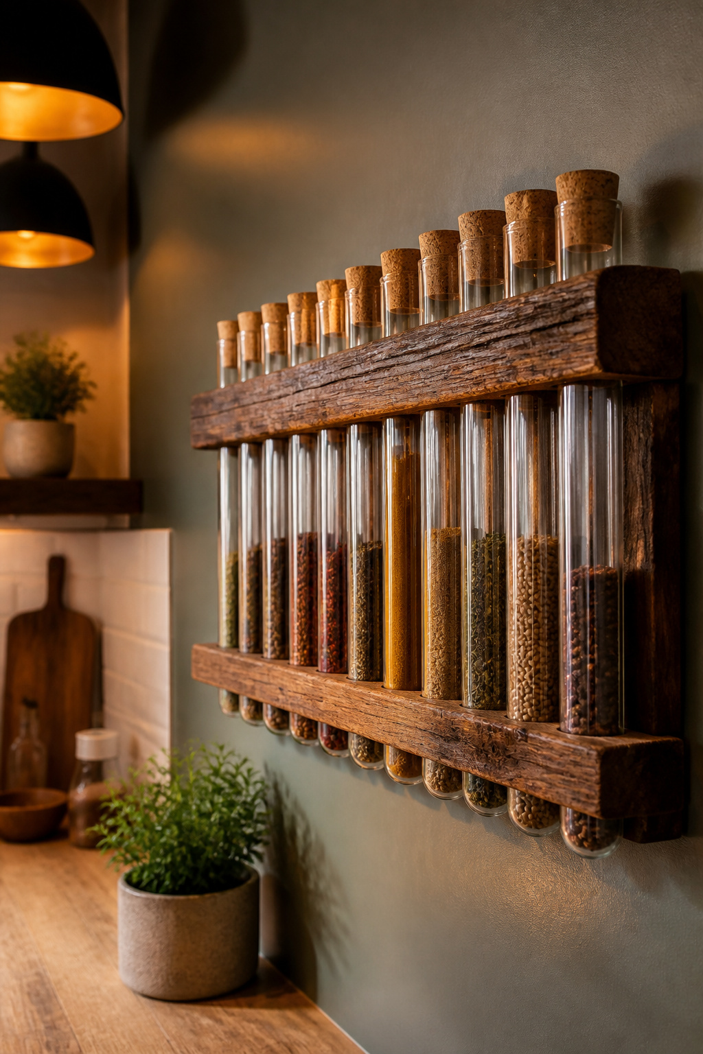 12 Kitchen Spice Rack Ideas to Organize Your Counter or Wall (2026) 6 A wall-mounted rack holding glass test tubes filled with spices.