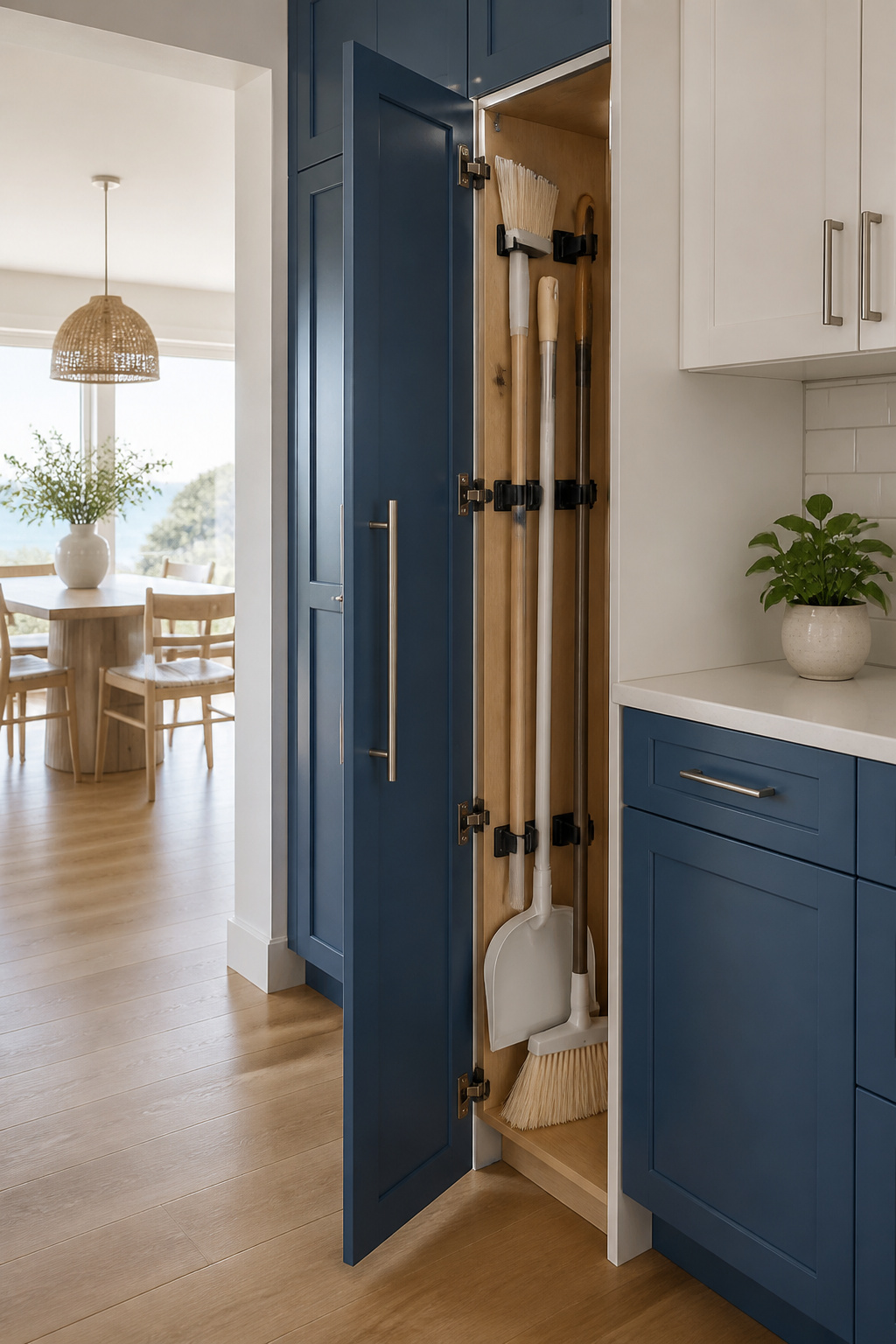 20 Convenient Kitchen Ideas for a Smarter 2026 Remodel 6 Pull-out cabinet beside a fridge storing brooms and trays vertically.