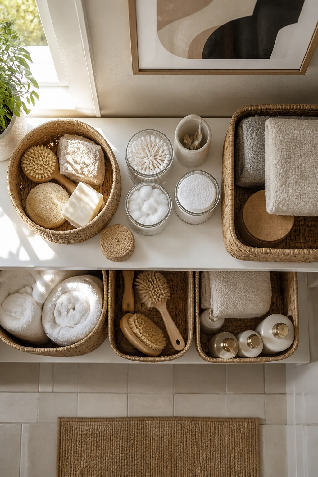 Bathroom shelves filled with labeled baskets and bins containing various items.